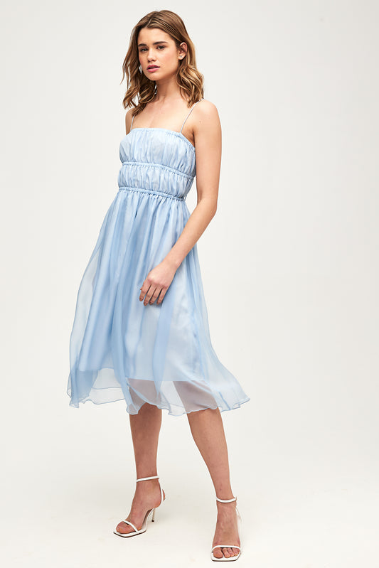 model wearing a baby blue dress